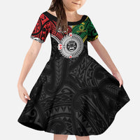 Aotearoa and Cook Islands Mo Te Tiriti Family Matching Off The Shoulder Long Sleeve Dress and Hawaiian Shirt New Zealand Honour The Treaty Ake!Ake!Ake! LT9 Daughter's Dress Green - Polynesian Pride