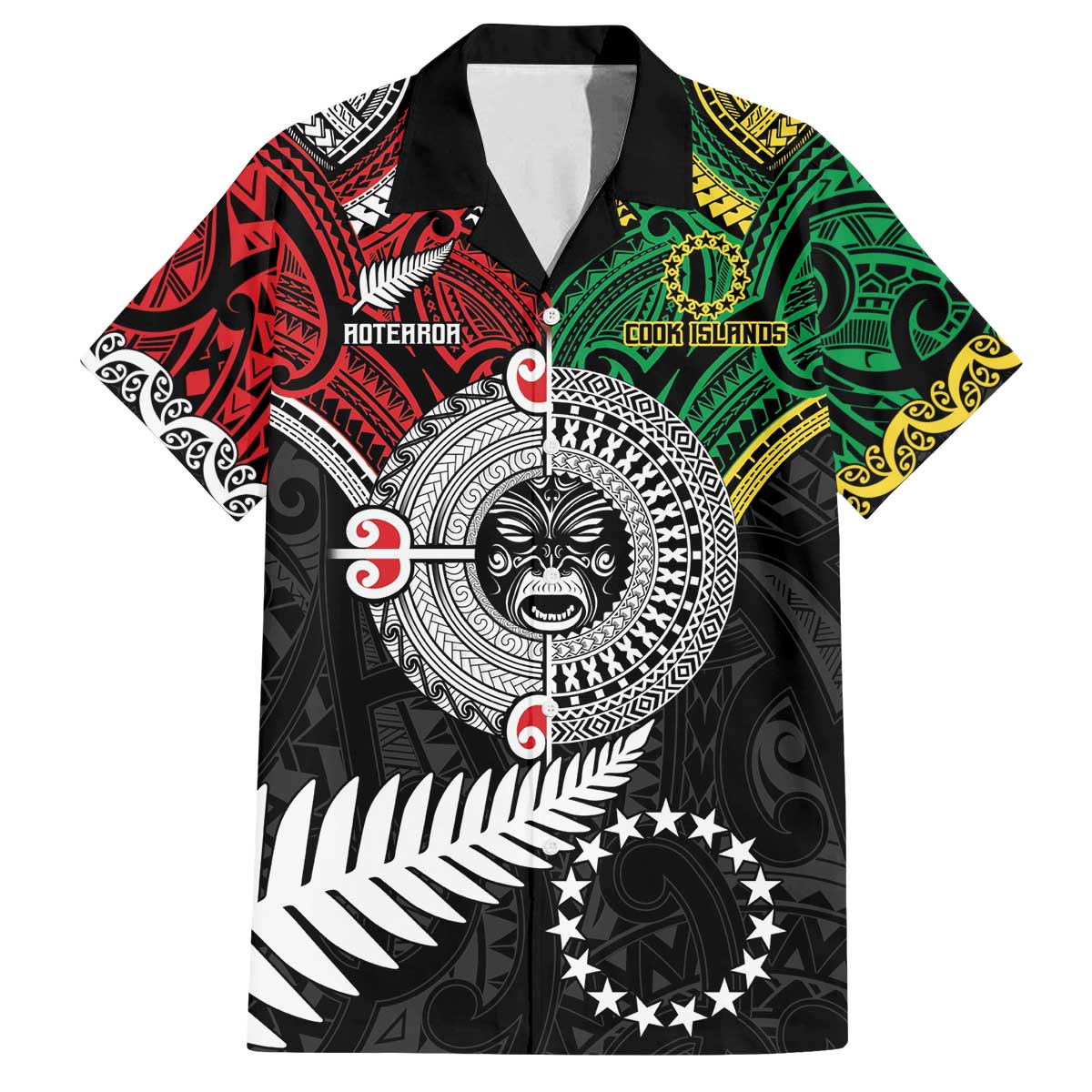Aotearoa and Cook Islands Mo Te Tiriti Family Matching Off The Shoulder Long Sleeve Dress and Hawaiian Shirt New Zealand Honour The Treaty Ake!Ake!Ake! LT9 Dad's Shirt - Short Sleeve Green - Polynesian Pride