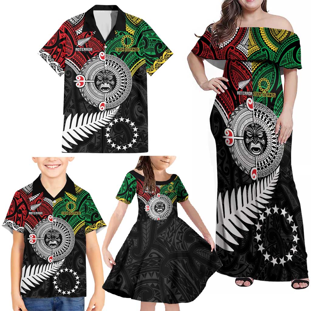 Aotearoa and Cook Islands Mo Te Tiriti Family Matching Off Shoulder Maxi Dress and Hawaiian Shirt New Zealand Honour The Treaty Ake!Ake!Ake! LT9 - Polynesian Pride