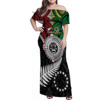 Aotearoa and Cook Islands Mo Te Tiriti Family Matching Off Shoulder Maxi Dress and Hawaiian Shirt New Zealand Honour The Treaty Ake!Ake!Ake! LT9 Mom's Dress Green - Polynesian Pride