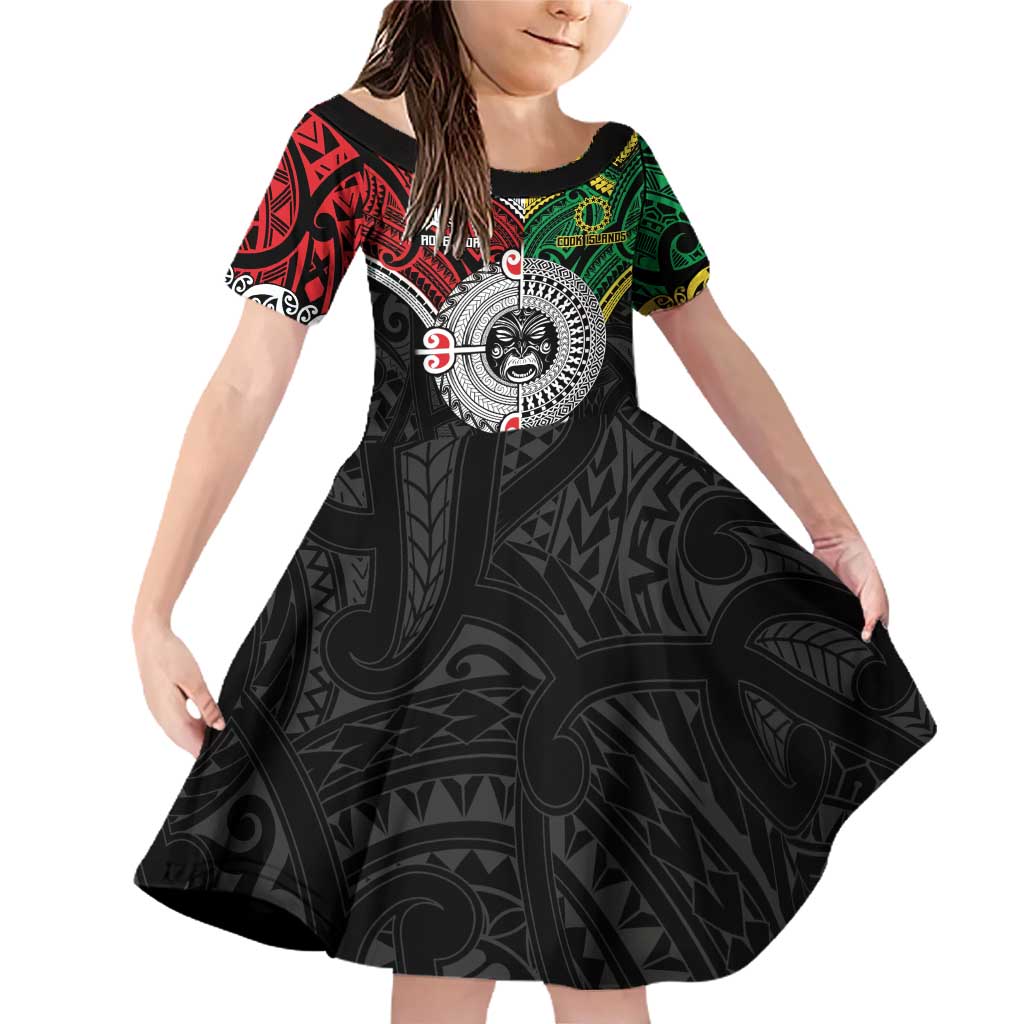 Aotearoa and Cook Islands Mo Te Tiriti Family Matching Off Shoulder Short Dress and Hawaiian Shirt New Zealand Honour The Treaty Ake!Ake!Ake! LT9 Daughter's Dress Green - Polynesian Pride