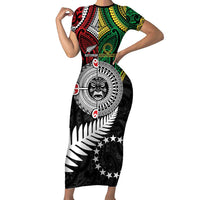 Aotearoa and Cook Islands Mo Te Tiriti Short Sleeve Bodycon Dress New Zealand Honour The Treaty Ake!Ake!Ake! LT9 Long Dress Green - Polynesian Pride