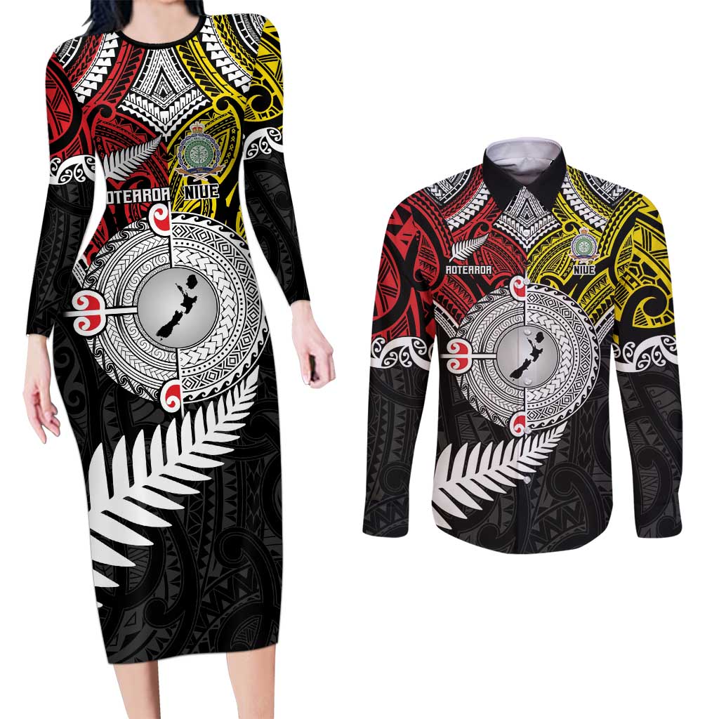 Aotearoa and Niue Mo Te Tiriti Couples Matching Long Sleeve Bodycon Dress and Long Sleeve Button Shirt New Zealand Honour The Treaty Ake!Ake!Ake!