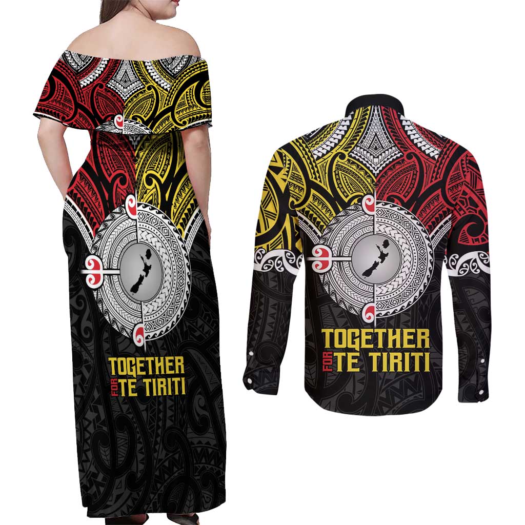 Aotearoa and Niue Mo Te Tiriti Couples Matching Off Shoulder Maxi Dress and Long Sleeve Button Shirt New Zealand Honour The Treaty Ake!Ake!Ake!
