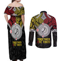 Aotearoa and Niue Mo Te Tiriti Couples Matching Off Shoulder Maxi Dress and Long Sleeve Button Shirt New Zealand Honour The Treaty Ake!Ake!Ake!