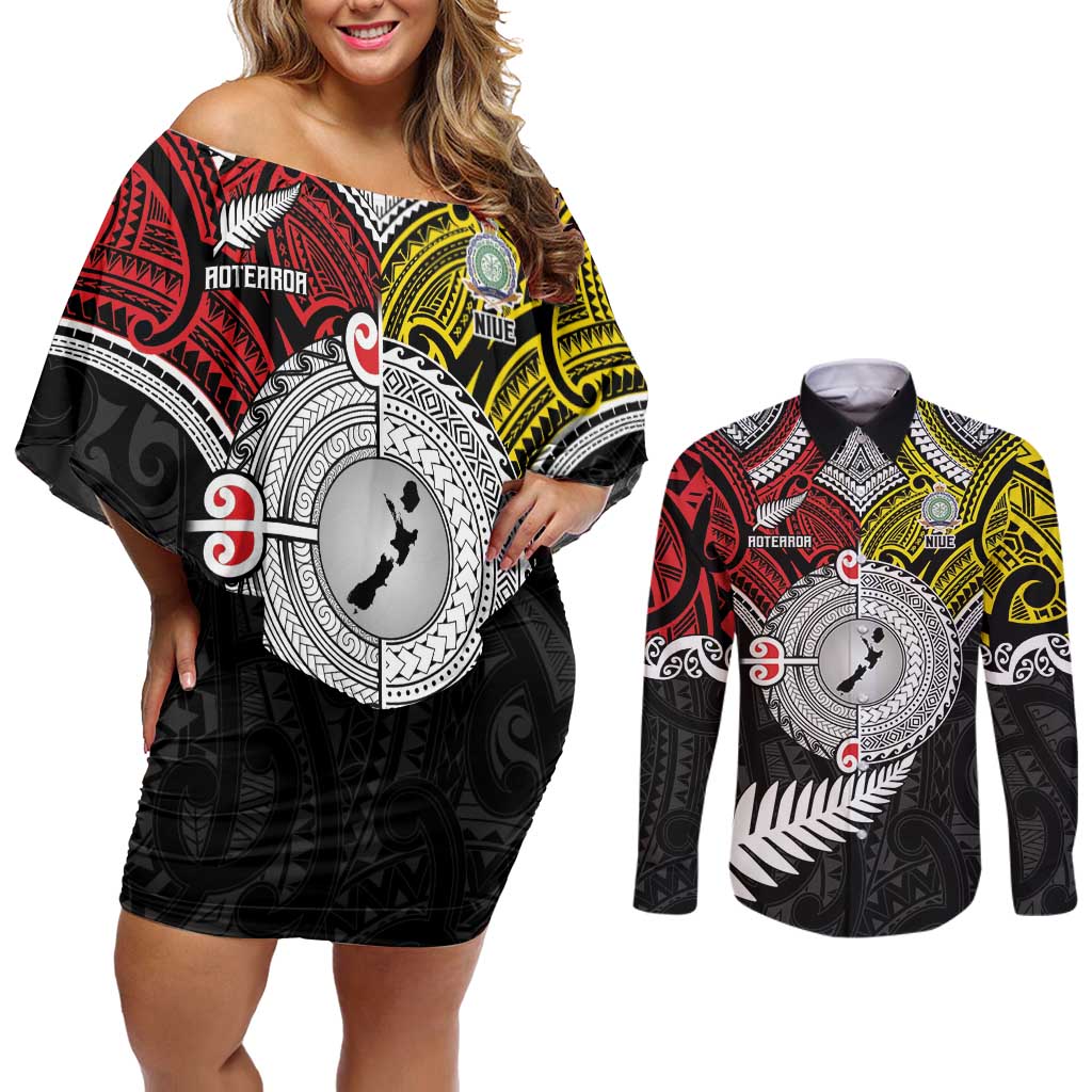 Aotearoa and Niue Mo Te Tiriti Couples Matching Off Shoulder Short Dress and Long Sleeve Button Shirt New Zealand Honour The Treaty Ake!Ake!Ake!