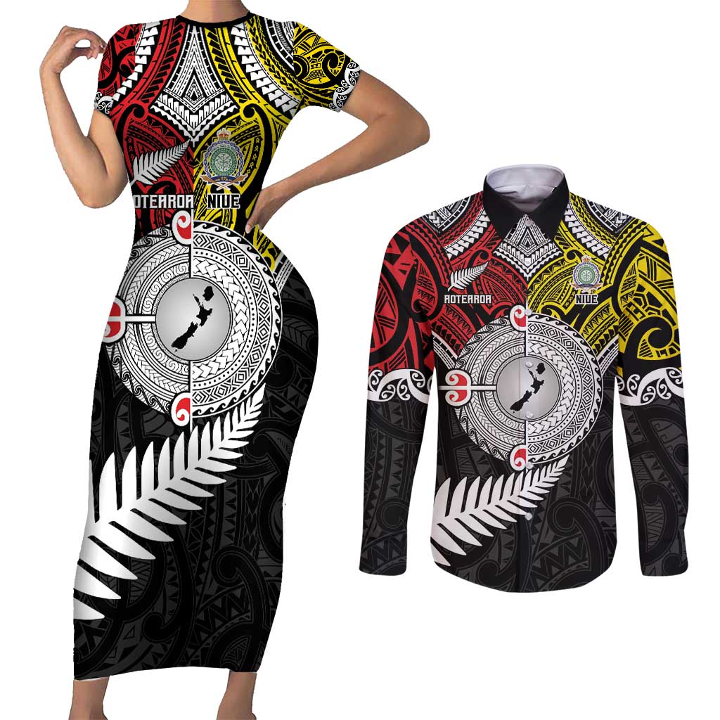 Aotearoa and Niue Mo Te Tiriti Couples Matching Short Sleeve Bodycon Dress and Long Sleeve Button Shirt New Zealand Honour The Treaty Ake!Ake!Ake!