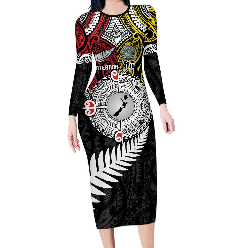 Aotearoa and Niue Mo Te Tiriti Long Sleeve Bodycon Dress New Zealand Honour The Treaty Ake!Ake!Ake!