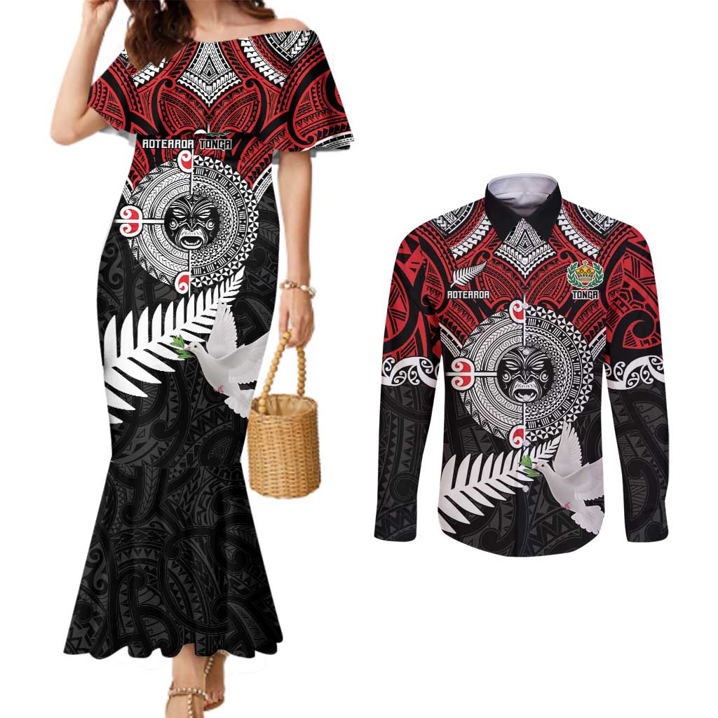 Aotearoa and Tonga Mo Te Tiriti Couples Matching Mermaid Dress and Long Sleeve Button Shirt New Zealand Honour The Treaty Ake!Ake!Ake!