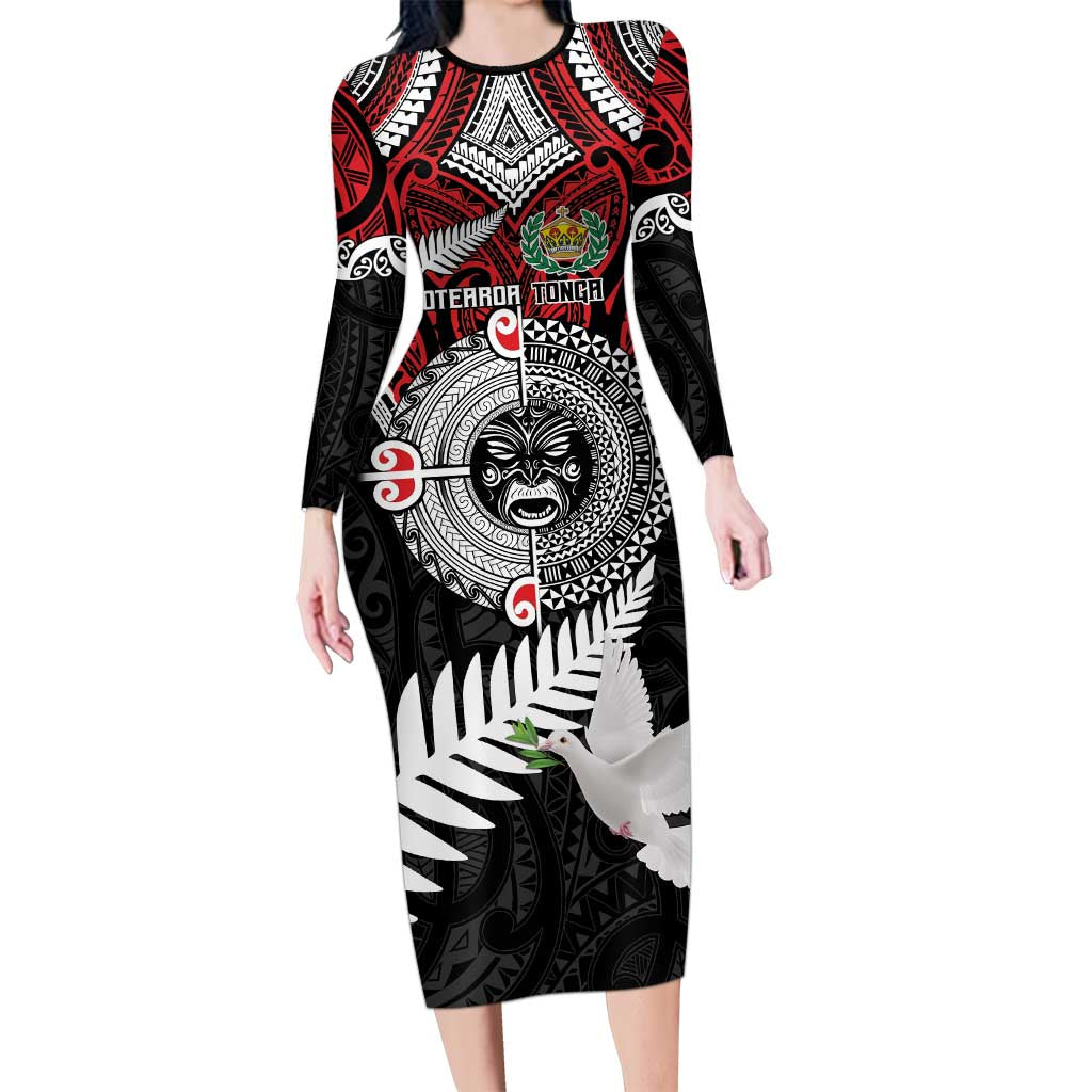 Aotearoa and Tonga Mo Te Tiriti Long Sleeve Bodycon Dress New Zealand Honour The Treaty Ake!Ake!Ake! LT9 Long Dress Red - Polynesian Pride