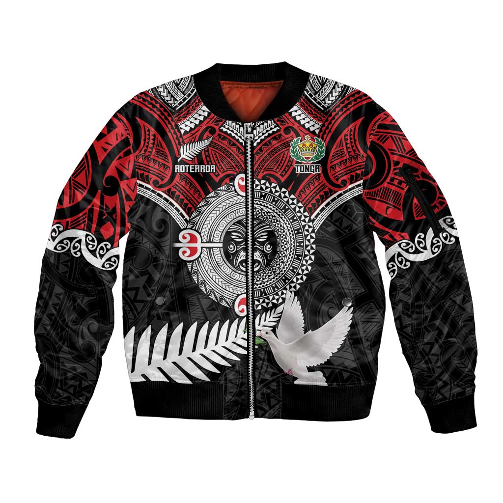 Aotearoa and Tonga Mo Te Tiriti Sleeve Zip Bomber Jacket New Zealand Honour The Treaty Ake!Ake!Ake!