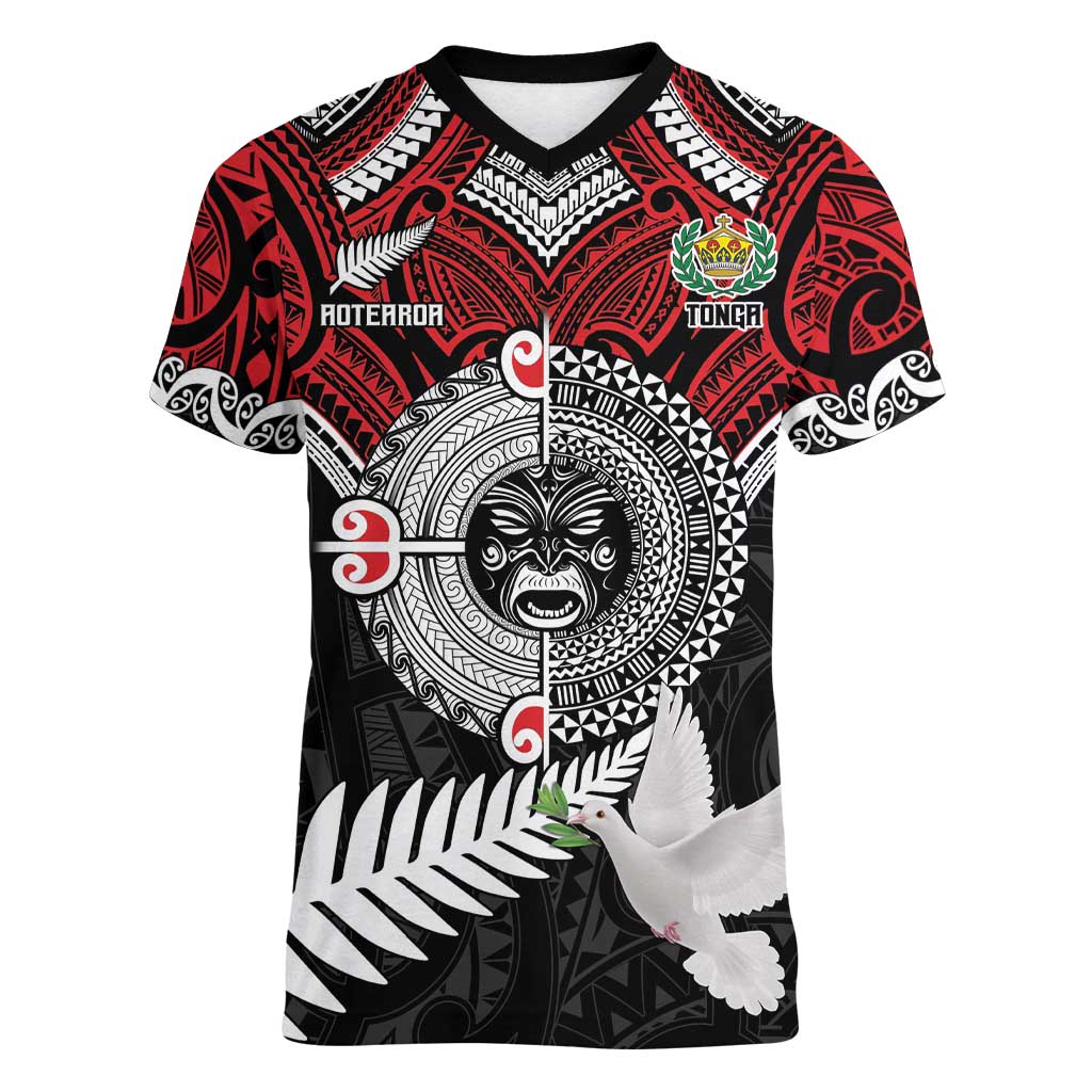 Aotearoa and Tonga Mo Te Tiriti Women V-Neck T-Shirt New Zealand Honour The Treaty Ake!Ake!Ake! LT9 Female Red - Polynesian Pride