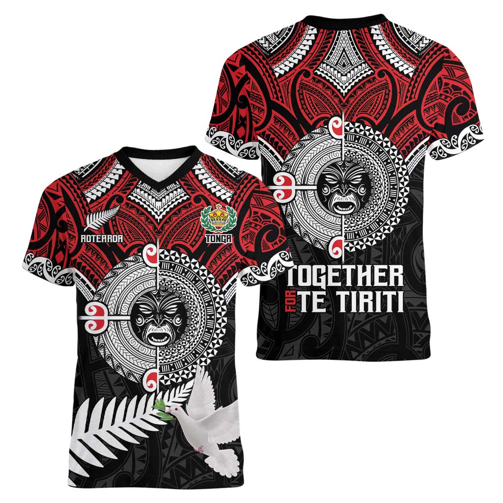 Aotearoa and Tonga Mo Te Tiriti Women V-Neck T-Shirt New Zealand Honour The Treaty Ake!Ake!Ake! LT9 - Polynesian Pride