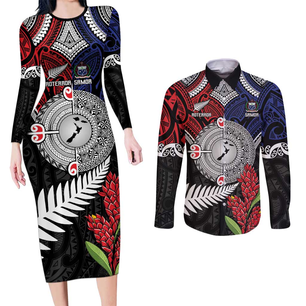 Aotearoa and Samoa Mo Te Tiriti Couples Matching Long Sleeve Bodycon Dress and Long Sleeve Button Shirt Tangata Moana Stand with Tangata Whenua