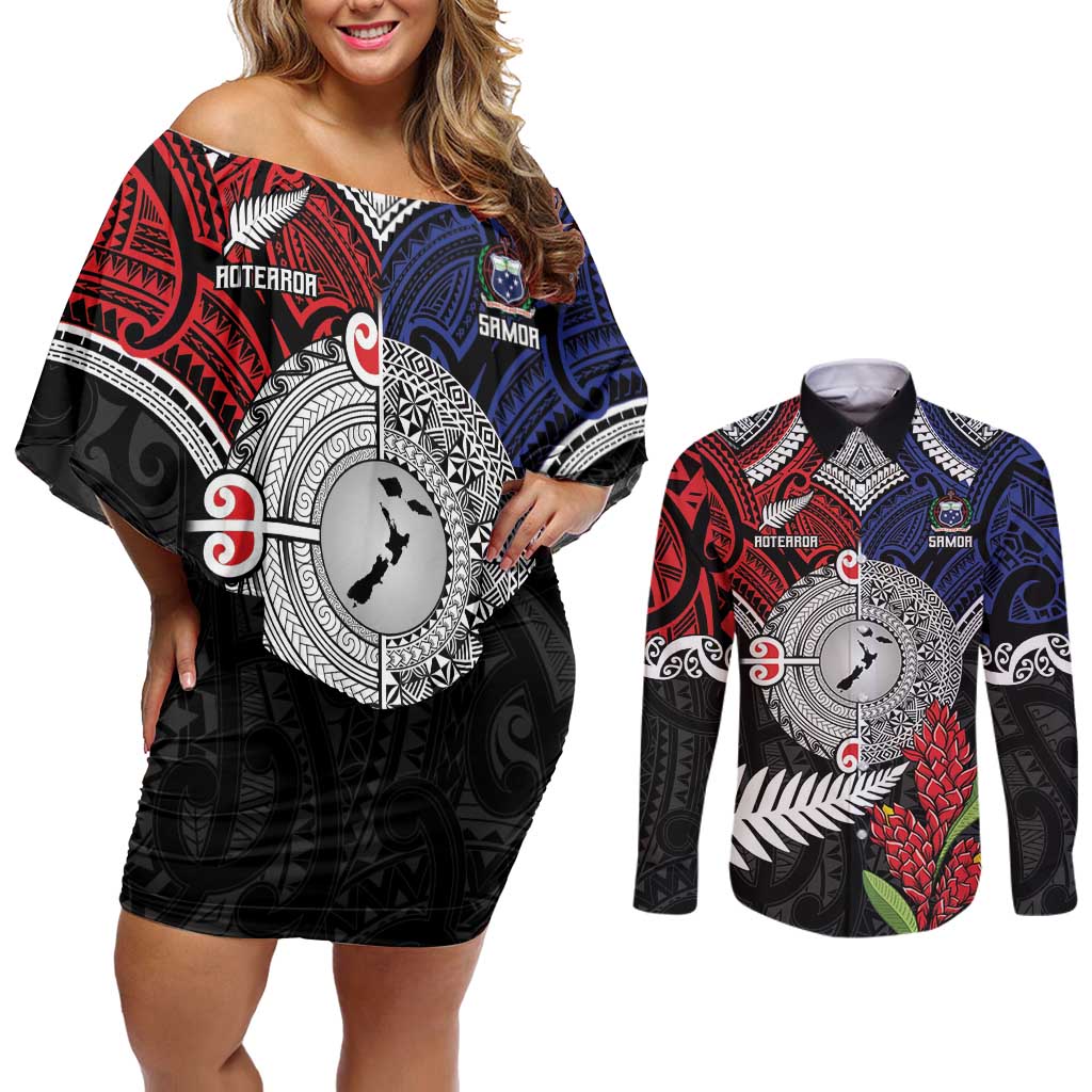Aotearoa and Samoa Mo Te Tiriti Couples Matching Off Shoulder Short Dress and Long Sleeve Button Shirt Tangata Moana Stand with Tangata Whenua