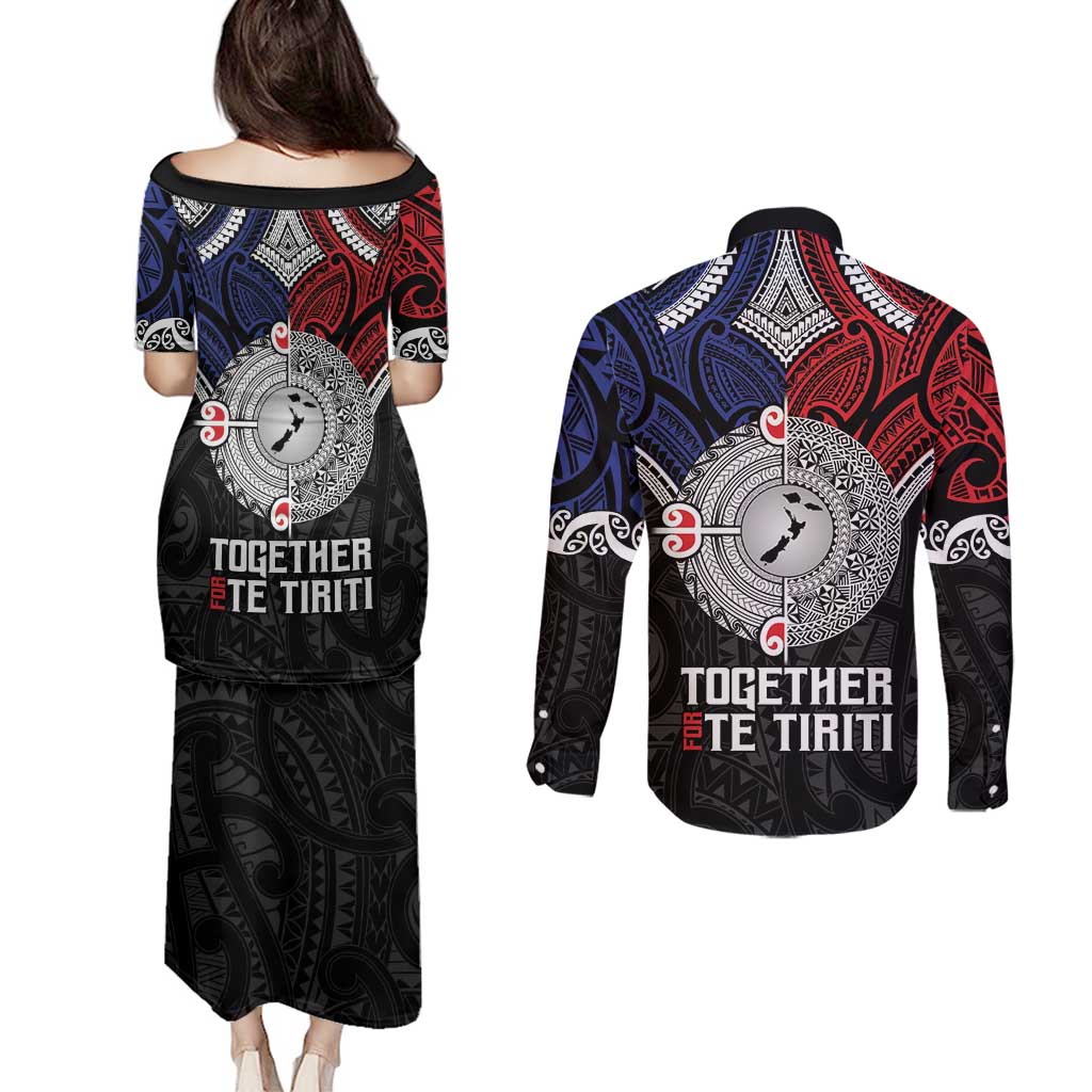 Aotearoa and Samoa Mo Te Tiriti Couples Matching Puletasi and Long Sleeve Button Shirt Tangata Moana Stand with Tangata Whenua