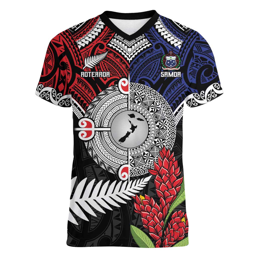 Aotearoa and Samoa Mo Te Tiriti Women V-Neck T-Shirt Tangata Moana Stand with Tangata Whenua