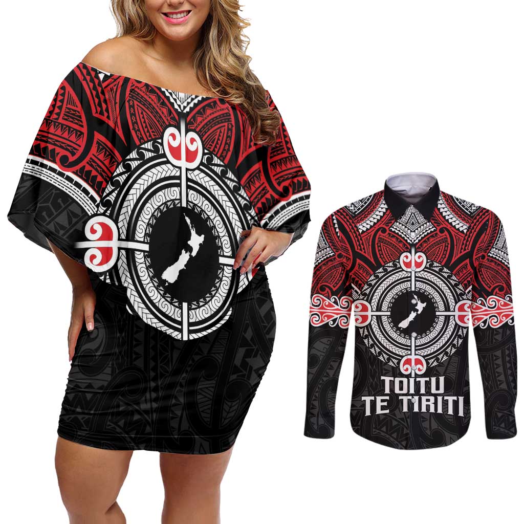 Aotearoa Proud To Be Maori Couples Matching Off Shoulder Short Dress and Long Sleeve Button Shirt New Zealand Fight Together
