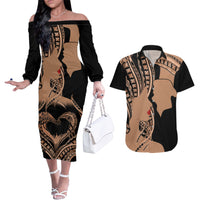 Personalised Valentines Day Romantic Lovers Couples Matching Off The Shoulder Long Sleeve Dress and Hawaiian Shirt LT9 Gold - Polynesian Pride
