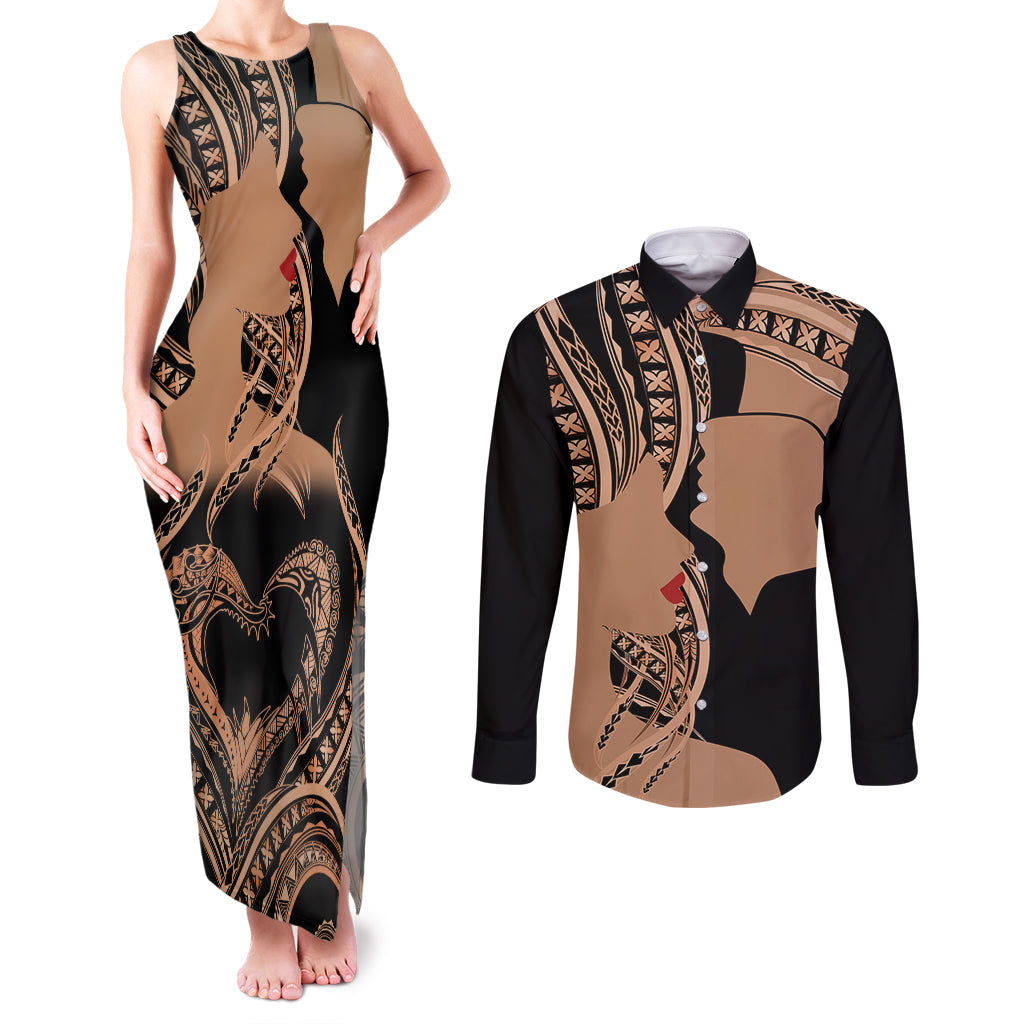 Personalised Valentines Day Romantic Lovers Couples Matching Tank Maxi Dress and Long Sleeve Button Shirt LT9 Gold - Polynesian Pride