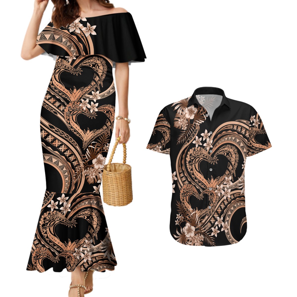 Polynesia Valentines Day Forever In My Heart Tattoo Couples Matching Mermaid Dress and Hawaiian Shirt Gold Style LT9 Gold - Polynesian Pride