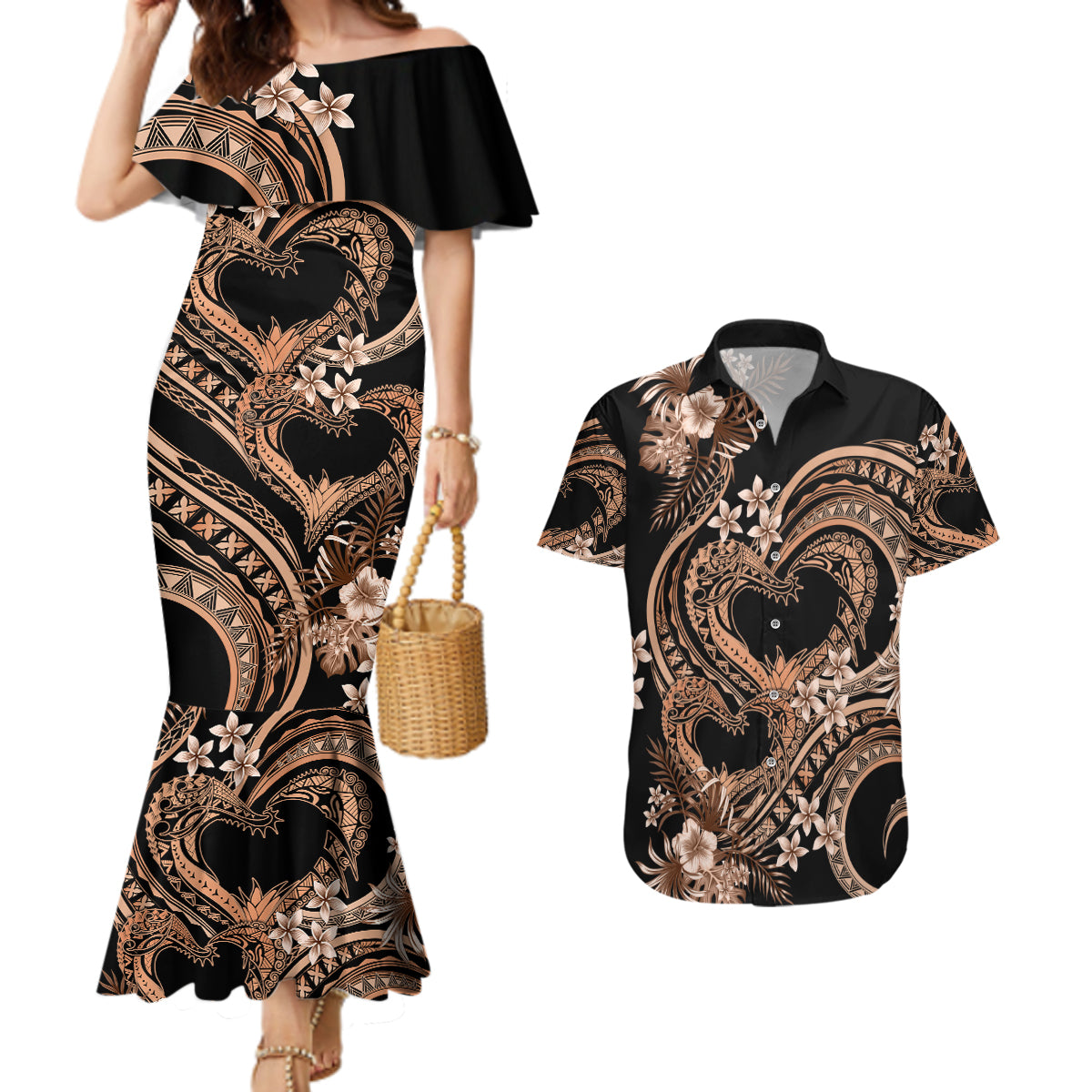 Polynesia Valentines Day Forever In My Heart Tattoo Couples Matching Mermaid Dress and Hawaiian Shirt Gold Style LT9 Gold - Polynesian Pride