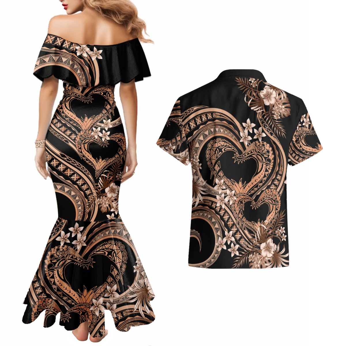 Polynesia Valentines Day Forever In My Heart Tattoo Couples Matching Mermaid Dress and Hawaiian Shirt Gold Style LT9 - Polynesian Pride