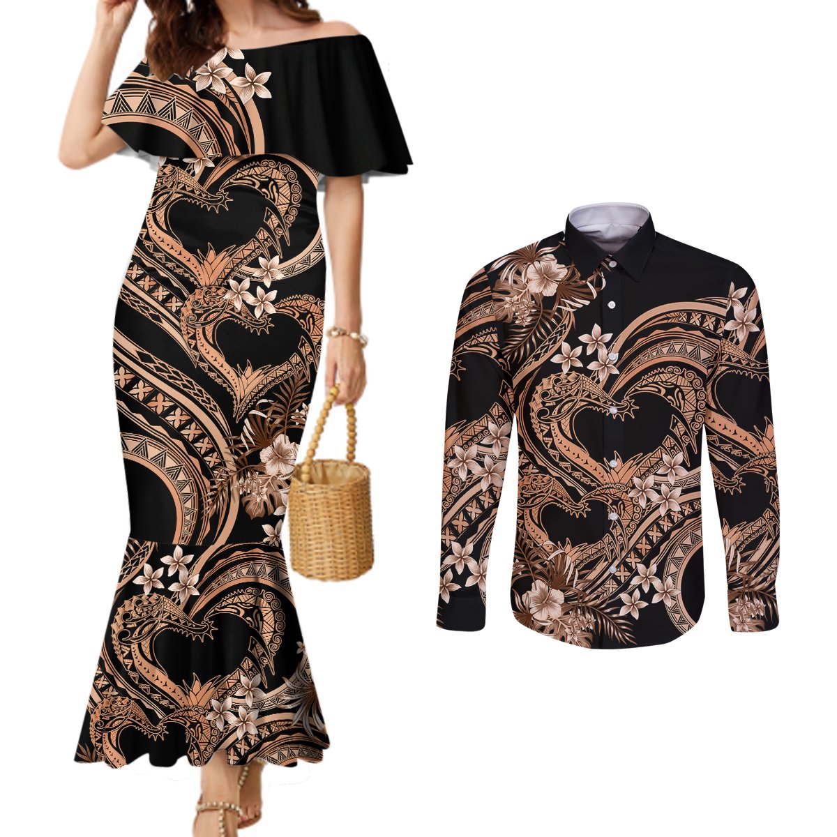 Polynesia Valentines Day Forever In My Heart Tattoo Couples Matching Mermaid Dress and Long Sleeve Button Shirt Gold Style LT9 Gold - Polynesian Pride