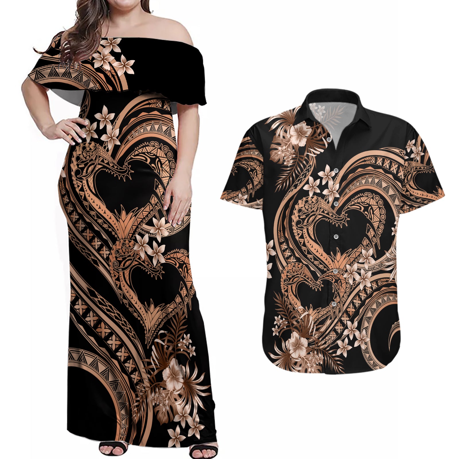 Polynesia Valentines Day Forever In My Heart Tattoo Couples Matching Off Shoulder Maxi Dress and Hawaiian Shirt Gold Style LT9 Gold - Polynesian Pride