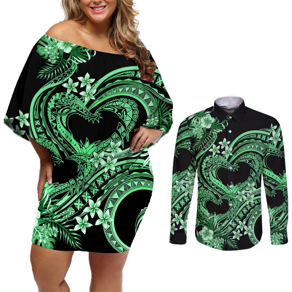 Polynesia Valentines Day Forever In My Heart Tattoo Couples Matching Off Shoulder Short Dress and Long Sleeve Button Shirt Green Style LT9 Green - Polynesian Pride
