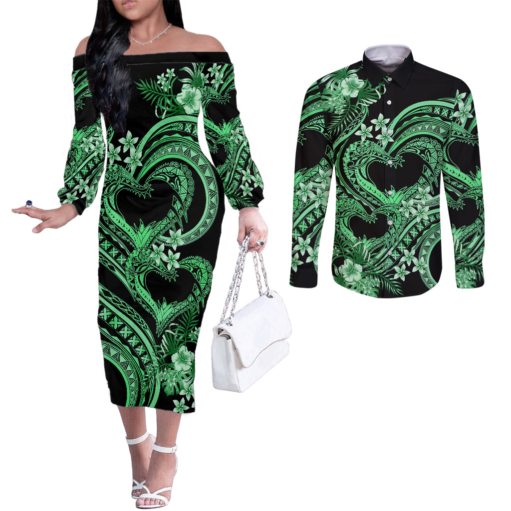Polynesia Valentines Day Forever In My Heart Tattoo Couples Matching Off The Shoulder Long Sleeve Dress and Long Sleeve Button Shirt Green Style LT9 Green - Polynesian Pride