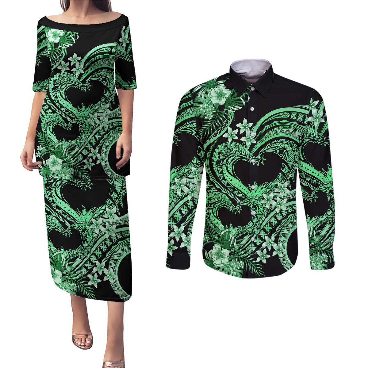 Polynesia Valentines Day Forever In My Heart Tattoo Couples Matching Puletasi and Long Sleeve Button Shirt Green Style LT9 Green - Polynesian Pride