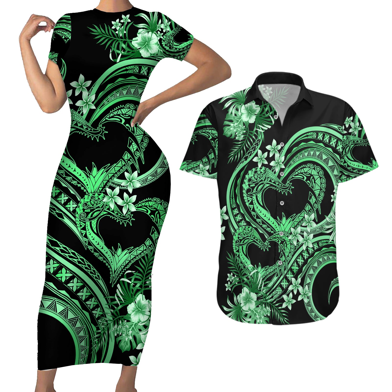 Polynesia Valentines Day Forever In My Heart Tattoo Couples Matching Short Sleeve Bodycon Dress and Hawaiian Shirt Green Style LT9 Green - Polynesian Pride