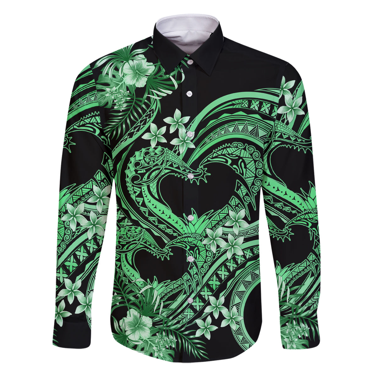 Polynesia Valentines Day Forever In My Heart Tattoo Family Matching Puletasi and Hawaiian Shirt Green Style LT9 Dad's Shirt - Long Sleeve Green - Polynesian Pride