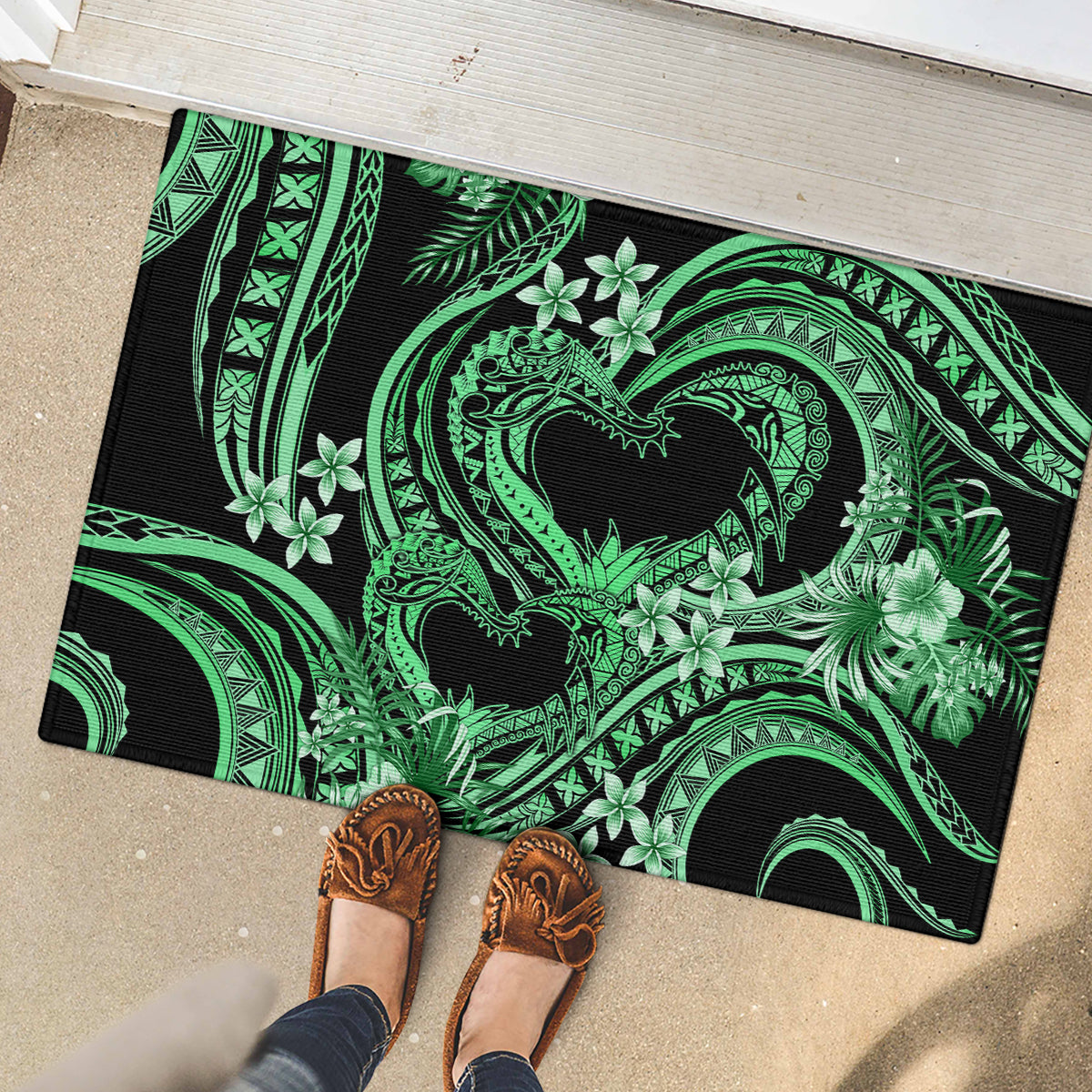 Polynesia Valentines Day Forever In My Heart Tattoo Rubber Doormat Green Style LT9 - Polynesian Pride