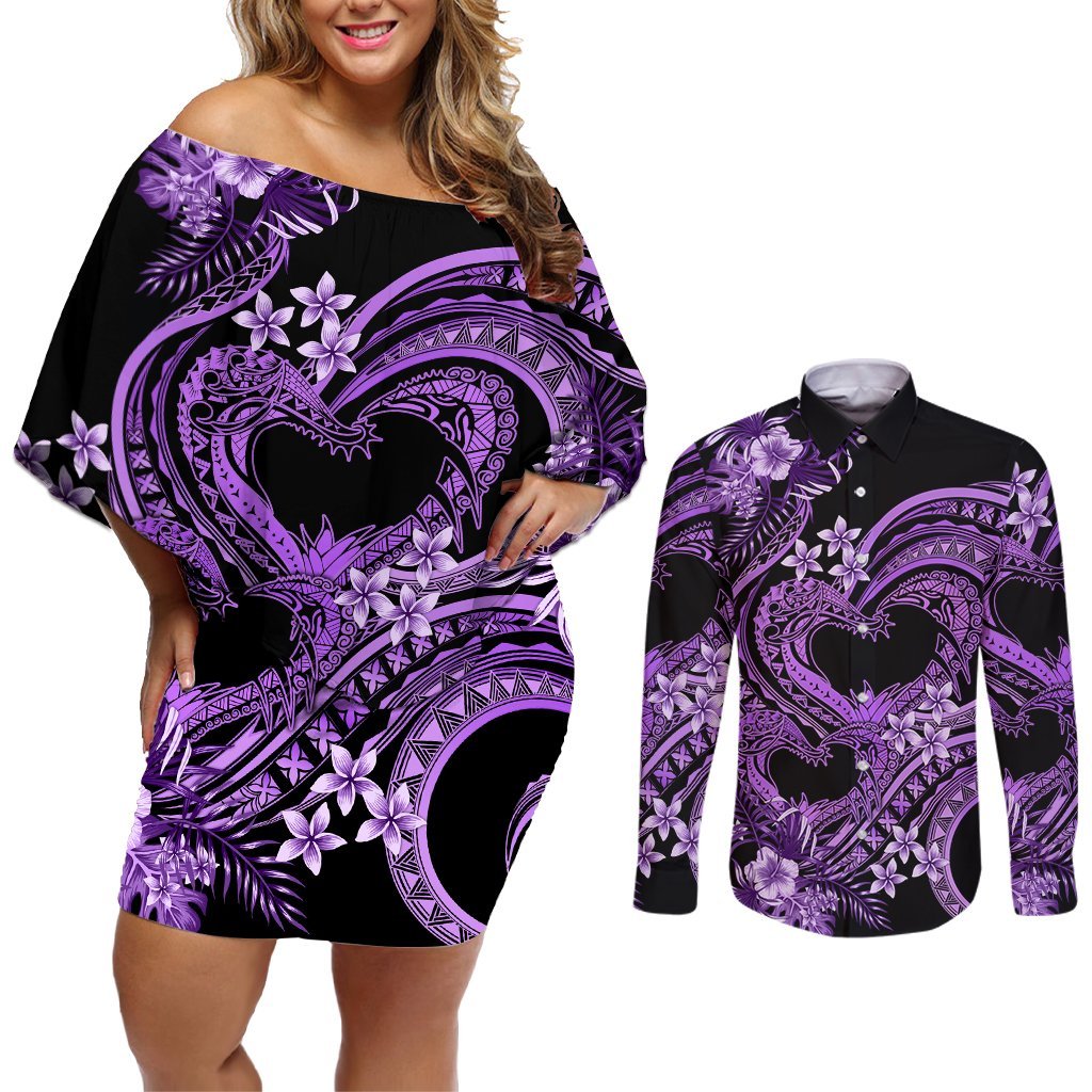 Polynesia Valentines Day Forever In My Heart Tattoo Couples Matching Off Shoulder Short Dress and Long Sleeve Button Shirt Purple Style LT9 Purple - Polynesian Pride