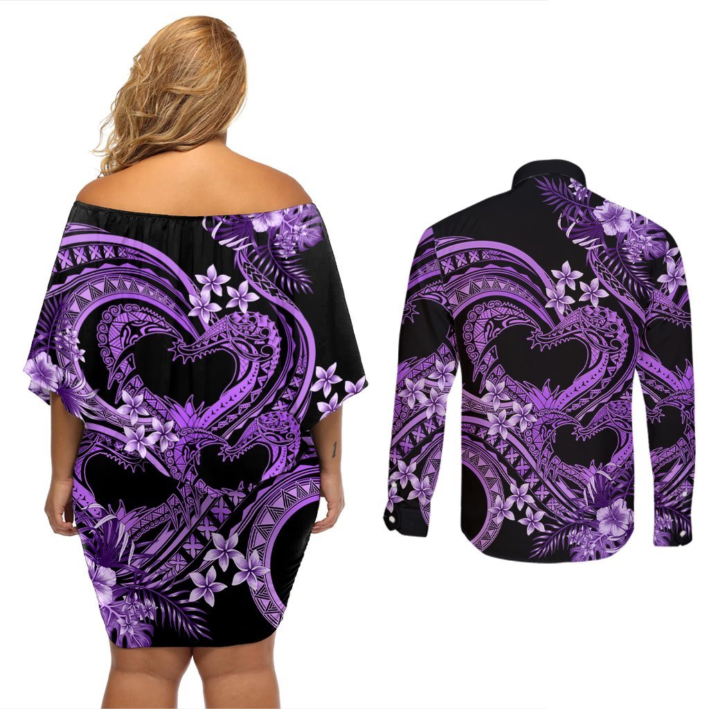 Polynesia Valentines Day Forever In My Heart Tattoo Couples Matching Off Shoulder Short Dress and Long Sleeve Button Shirt Purple Style LT9 - Polynesian Pride