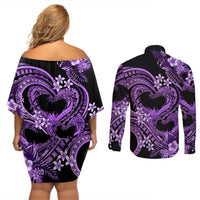 Polynesia Valentines Day Forever In My Heart Tattoo Couples Matching Off Shoulder Short Dress and Long Sleeve Button Shirt Purple Style LT9 - Polynesian Pride