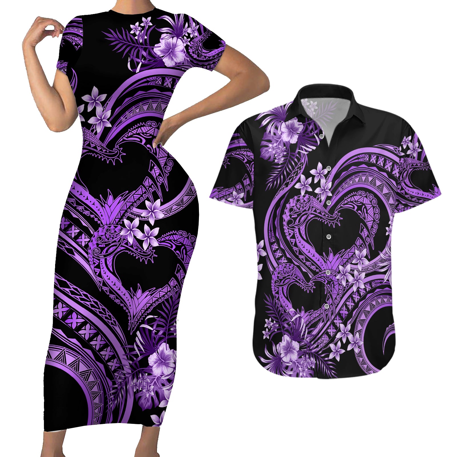 Polynesia Valentines Day Forever In My Heart Tattoo Couples Matching Short Sleeve Bodycon Dress and Hawaiian Shirt Purple Style LT9 Purple - Polynesian Pride