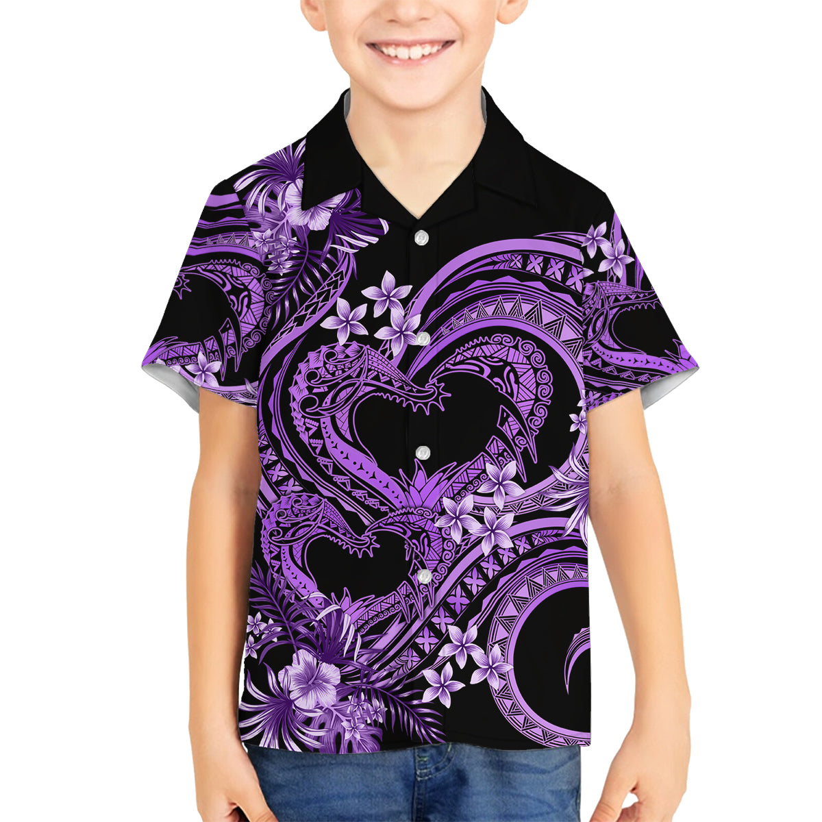Polynesia Valentines Day Forever In My Heart Tattoo Family Matching Off Shoulder Maxi Dress and Hawaiian Shirt Purple Style LT9 Son's Shirt Purple - Polynesian Pride