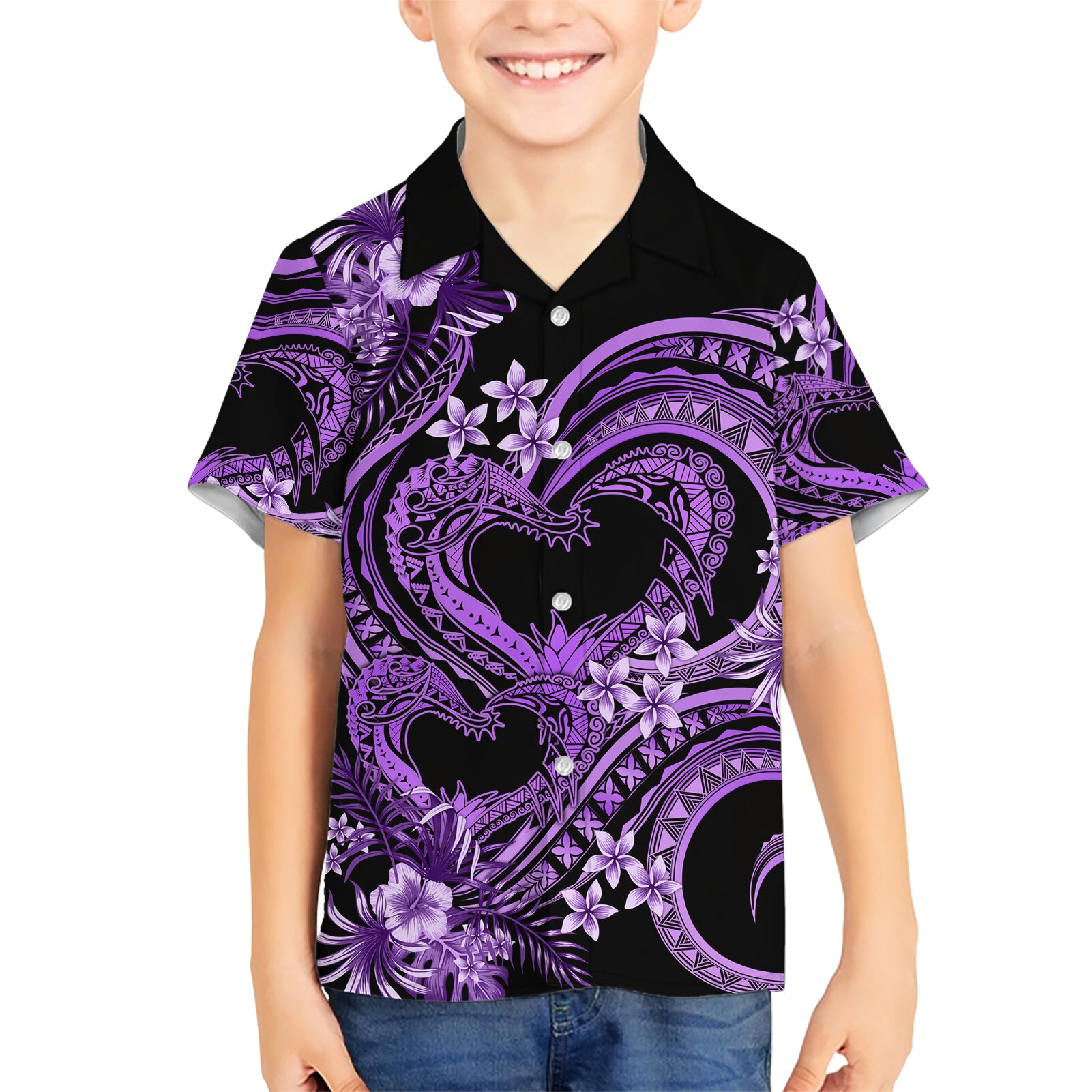 Polynesia Valentines Day Forever In My Heart Tattoo Kid Hawaiian Shirt Purple Style LT9 Kid Purple - Polynesian Pride