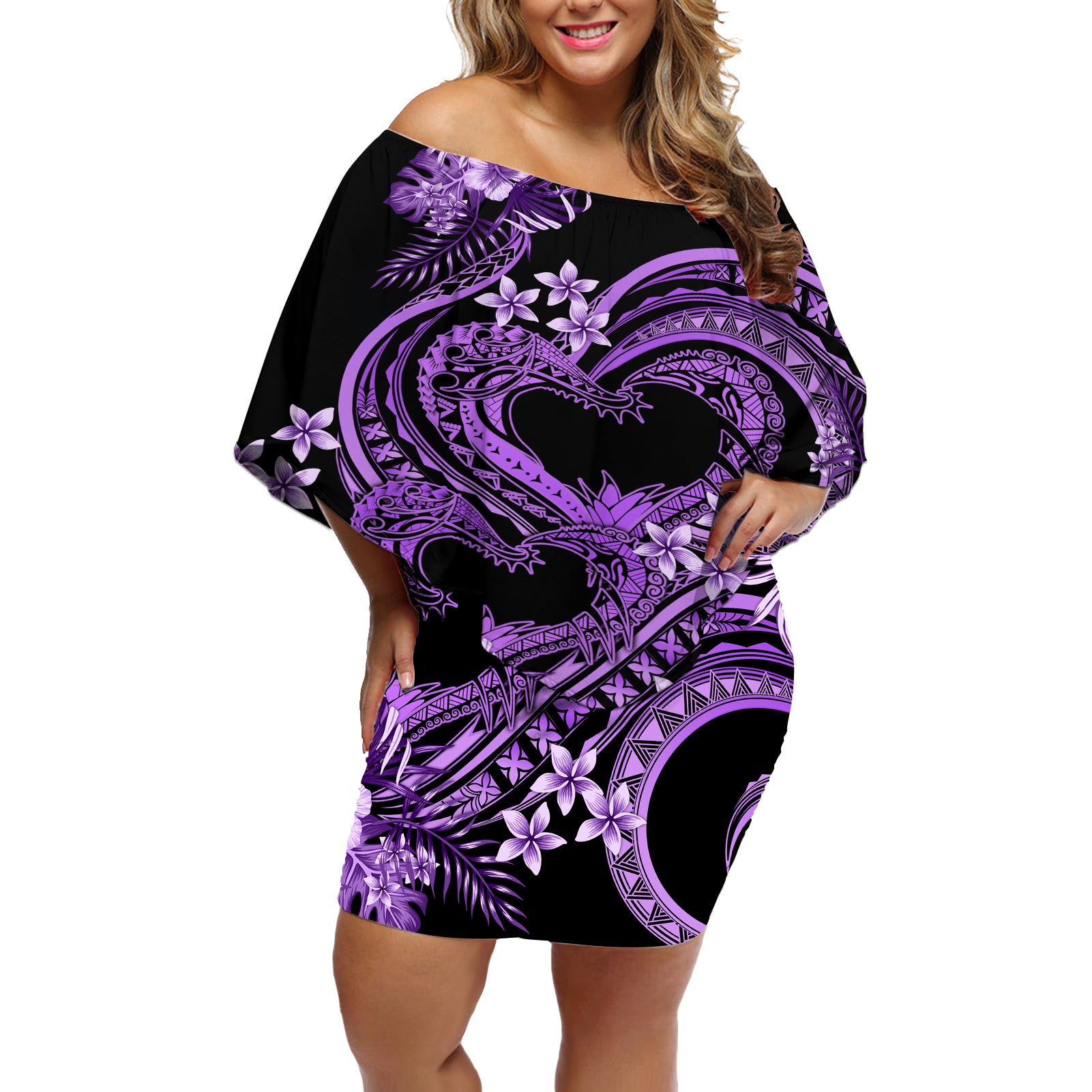 Polynesia Valentines Day Forever In My Heart Tattoo Off Shoulder Short Dress Purple Style LT9 Women Purple - Polynesian Pride