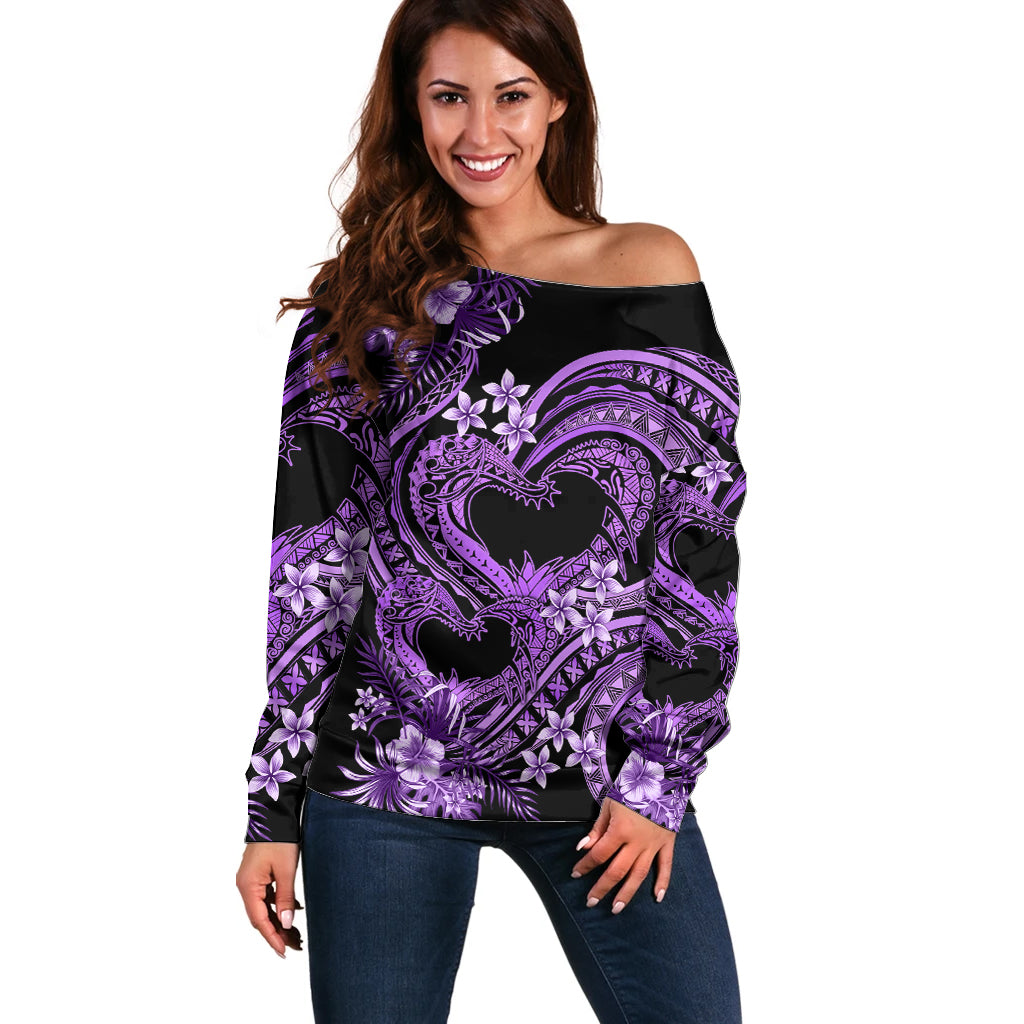 Polynesia Valentines Day Forever In My Heart Tattoo Off Shoulder Sweater Purple Style LT9 Women Purple - Polynesian Pride