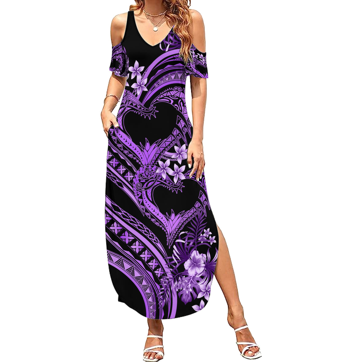 Polynesia Valentines Day Forever In My Heart Tattoo Summer Maxi Dress Purple Style LT9 Women Purple - Polynesian Pride