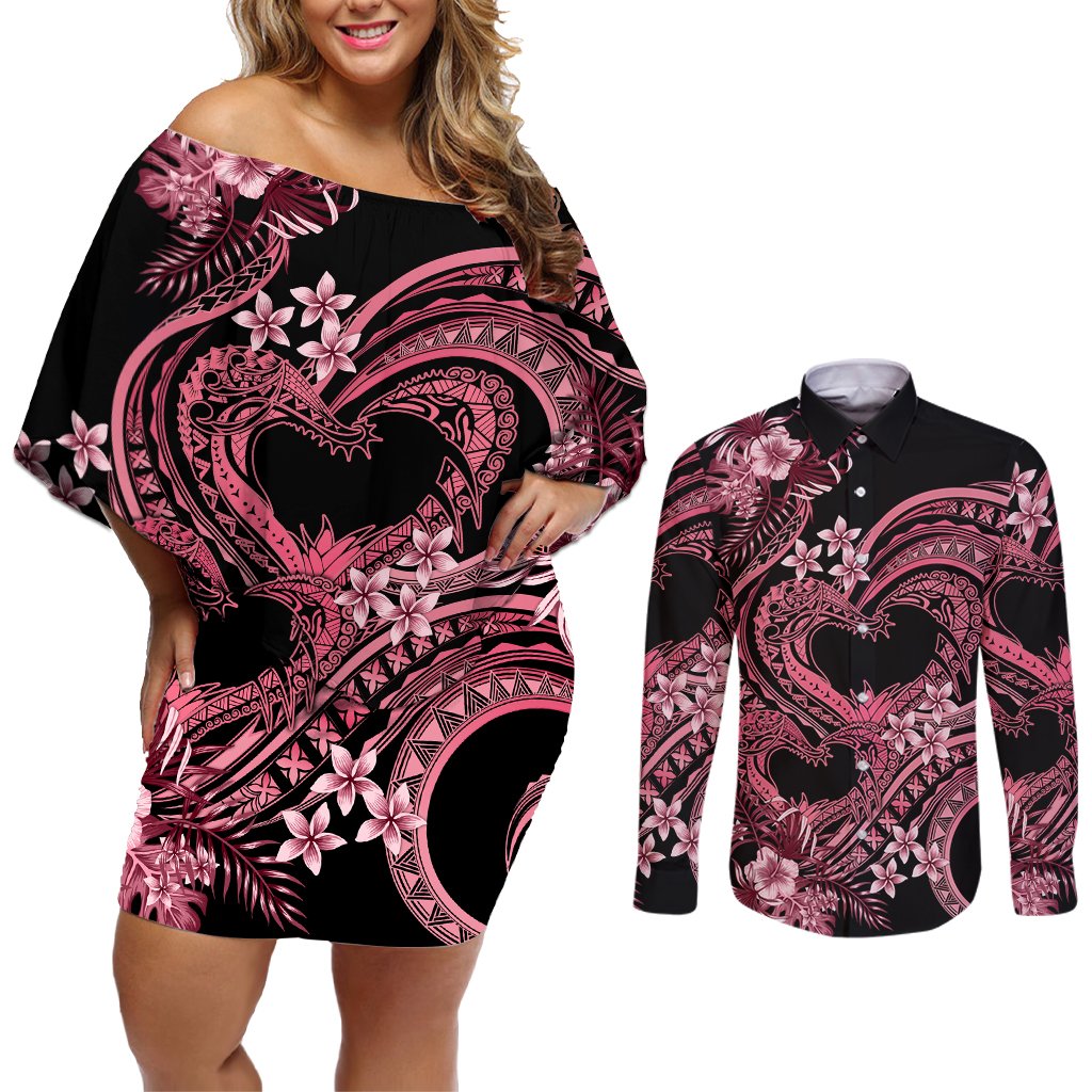Polynesia Valentines Day Forever In My Heart Tattoo Couples Matching Off Shoulder Short Dress and Long Sleeve Button Shirt Pink Style LT9 Pink - Polynesian Pride