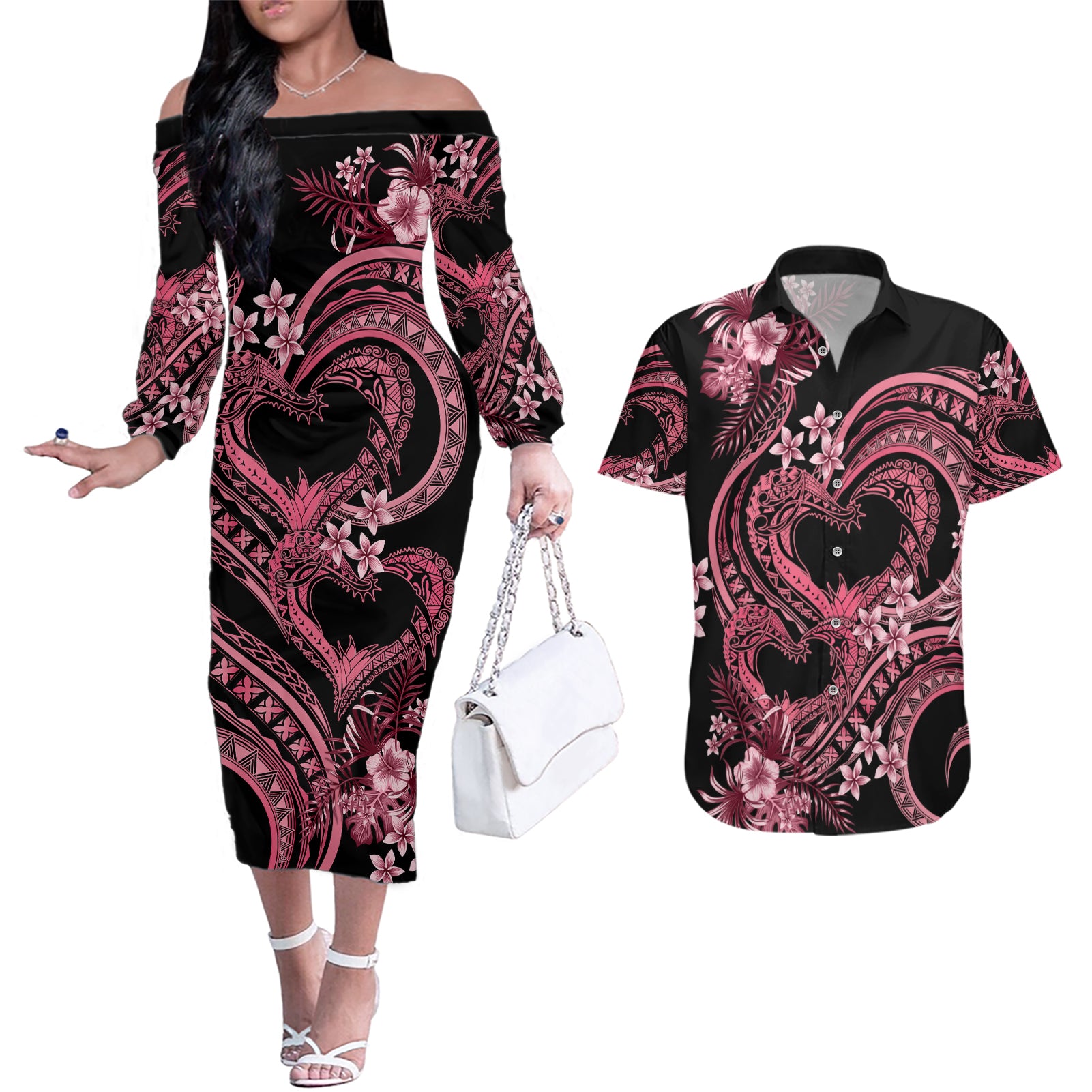 Polynesia Valentines Day Forever In My Heart Tattoo Couples Matching Off The Shoulder Long Sleeve Dress and Hawaiian Shirt Pink Style LT9 Pink - Polynesian Pride