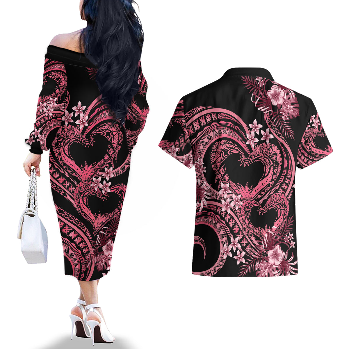 Polynesia Valentines Day Forever In My Heart Tattoo Couples Matching Off The Shoulder Long Sleeve Dress and Hawaiian Shirt Pink Style LT9 - Polynesian Pride