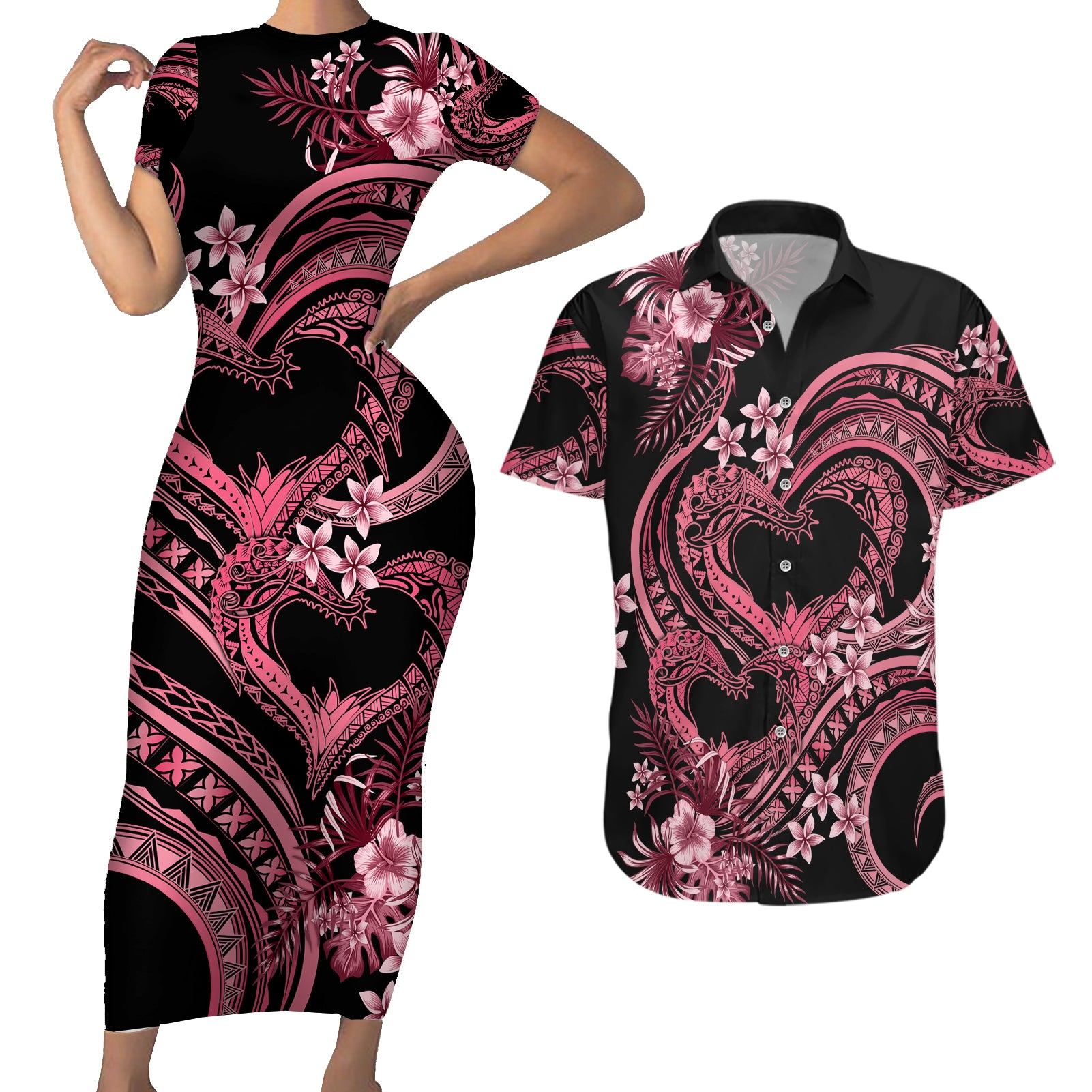 Polynesia Valentines Day Forever In My Heart Tattoo Couples Matching Short Sleeve Bodycon Dress and Hawaiian Shirt Pink Style LT9 Pink - Polynesian Pride