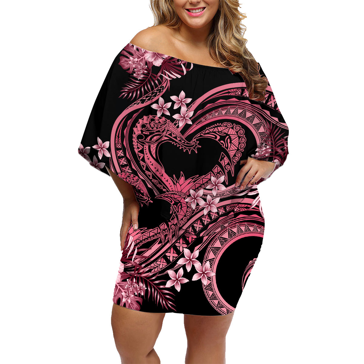 Polynesia Valentines Day Forever In My Heart Tattoo Family Matching Off Shoulder Short Dress and Hawaiian Shirt Pink Style LT9 Mom's Dress Pink - Polynesian Pride