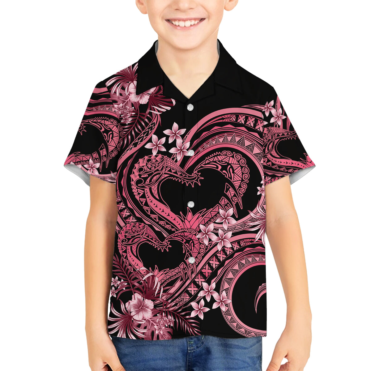 Polynesia Valentines Day Forever In My Heart Tattoo Family Matching Summer Maxi Dress and Hawaiian Shirt Pink Style LT9 Son's Shirt Pink - Polynesian Pride